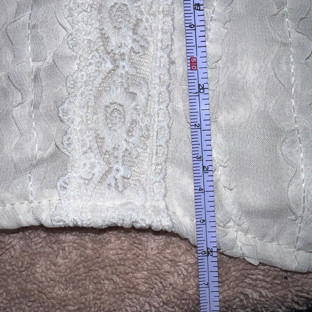 Cottagecore Boho Ivory Crinkle Ruched Lace V-Neck Short Puff Sleeve Top Size M - Picture 13 of 13